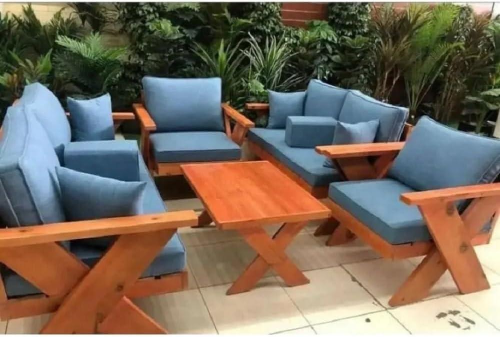 طقم جلسات خارجية من الخشب عالي الجودة مكون من كنبة ثلاثية + كنبة ثنائية + 2 كرسي + طاولة قهوة - أزرق - XIW155