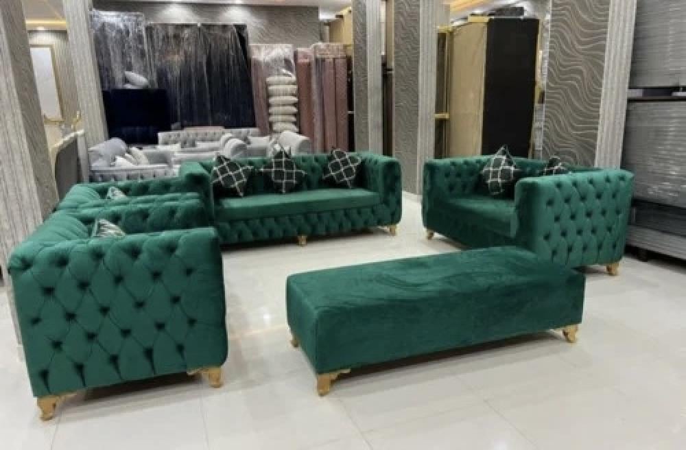 طقم كنب داخلي عصري متكامل بتصميم هادئ ووسائد أنيقة مكون من كنبة ثنائية + 3 كرسي + مقعد بنج - اللون أخضر - MS_ID_SET_00068