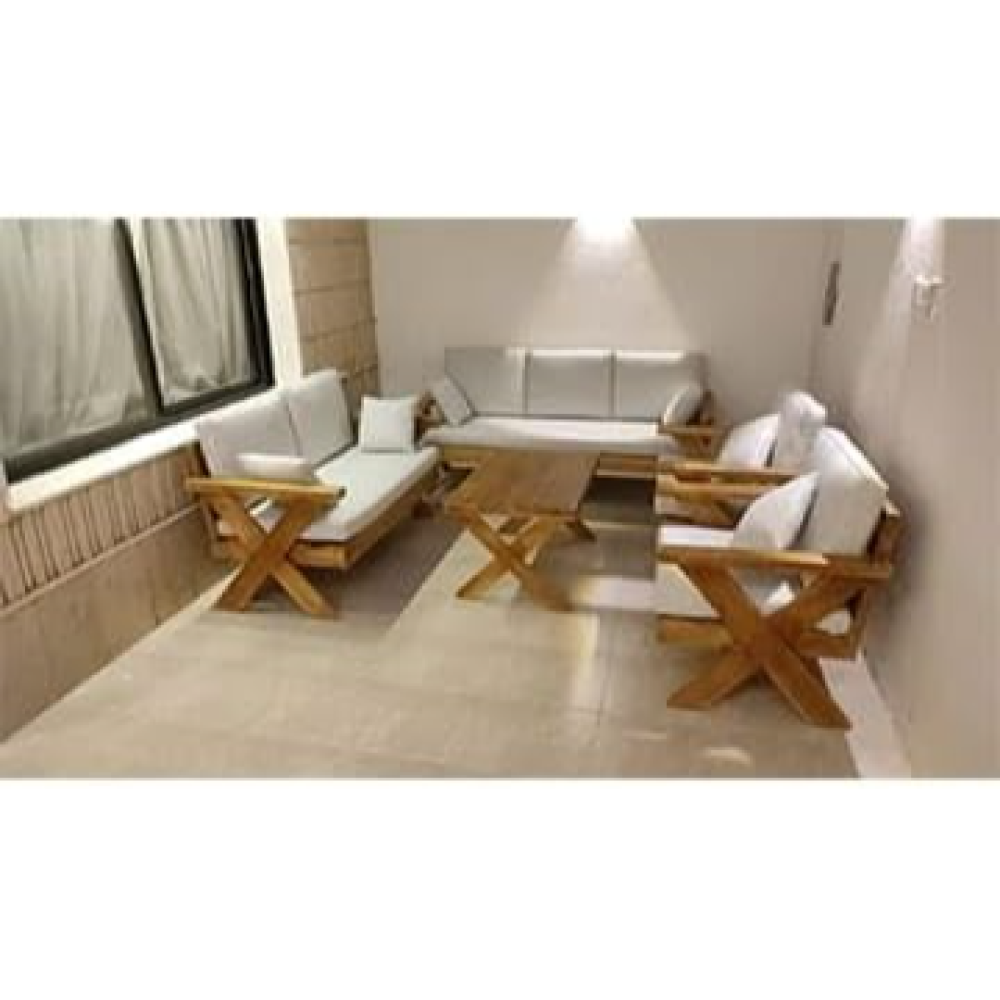 طقم جلسات خارجية من الخشب عالي الجودة مكون من كنبة ثلاثية + كنبة ثنائية + 2 كرسي + طاولة قهوة - سكري - Xiw043