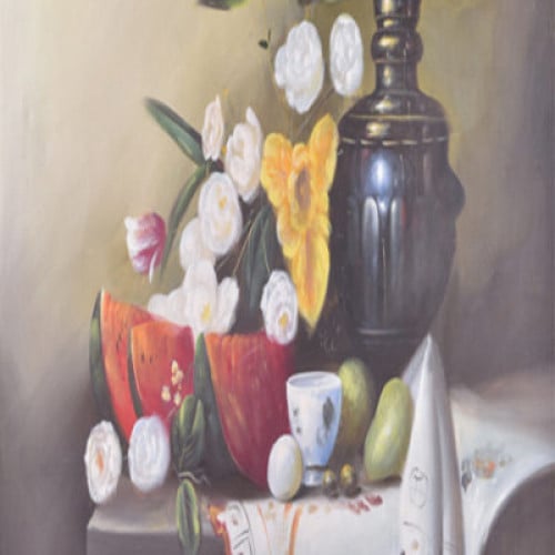 لوحة طبيعة صامتة رسم زيتي مقاس 50 * 60 سم بدون برو...