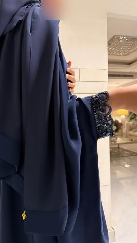 Bisht – Navy Crepe with Beaded Sleeves