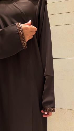A-line Abaya – Chocolate Brown with Bronze Sequins
