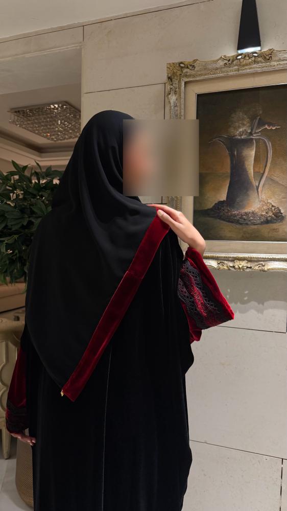 Half Bisht in Black Velvet with French Red embroidered Wide