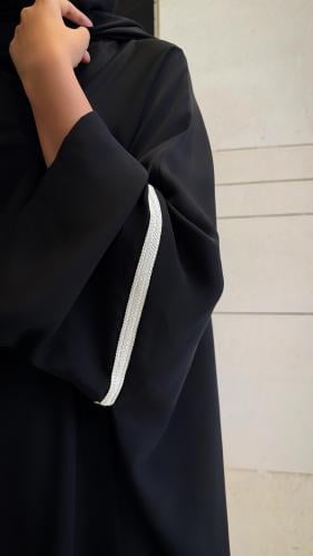 Half Black Bisht with Pearlescent Trim and Wide Sl...