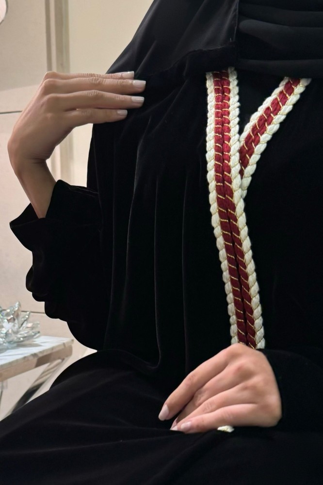 Black abaya with Dark Cherry Braid