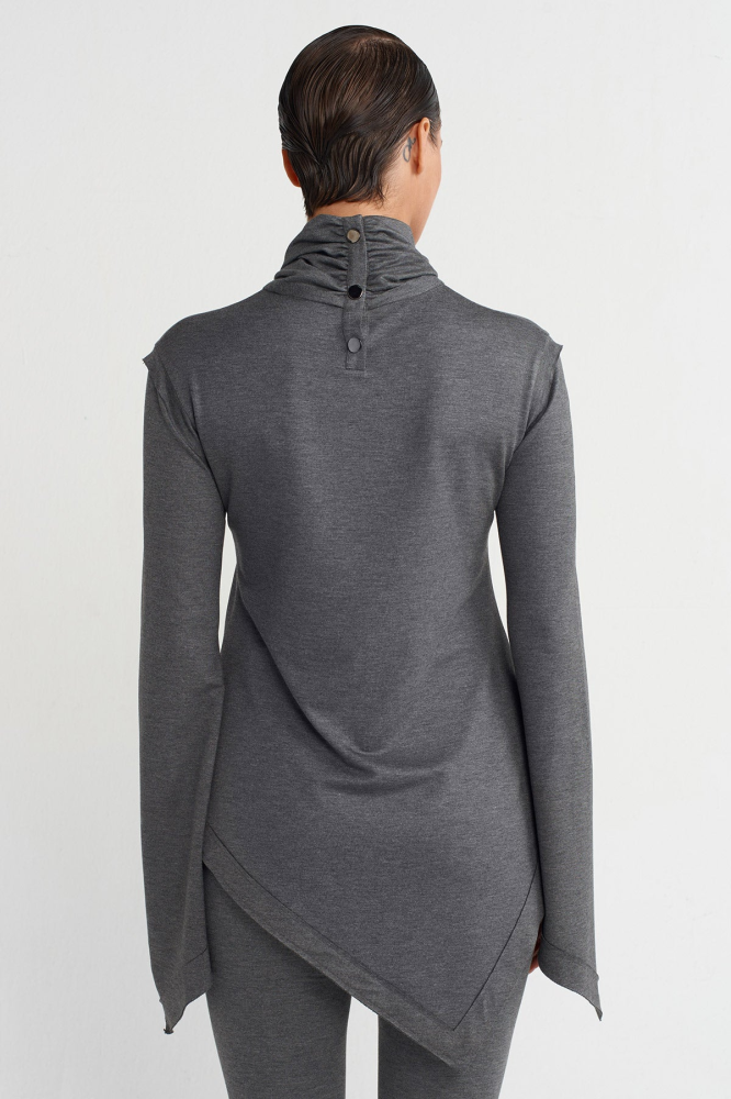 بلوزة رمادية داكنة نسائية غير متماثلة NU تركي أصلي بأكمام طويلة