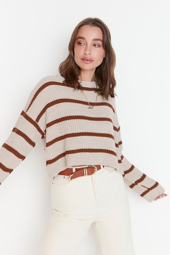 بلوفر نسائي كافيه مخطط من Trendyolmilla- أصلي