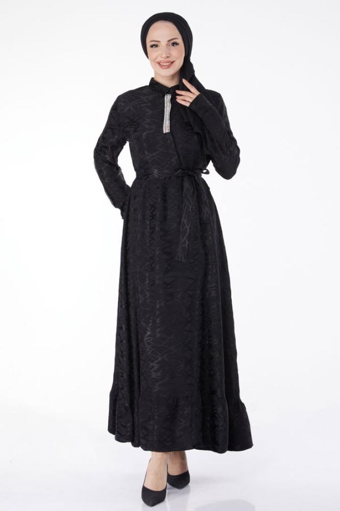 فستان سهرة نسائي بياقة قميص ومزين بحجر أسود