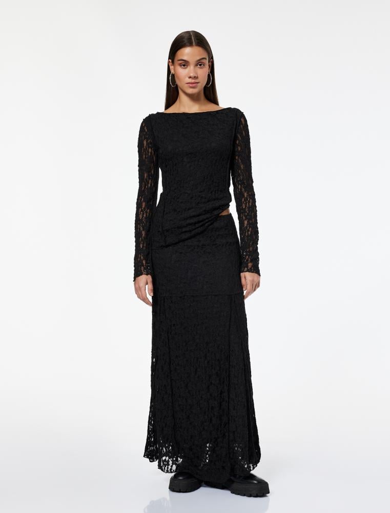 تنورة دانتيل سوداء متوسطة الطول بتفاصيل درزات راقية Koton تركي أصلي