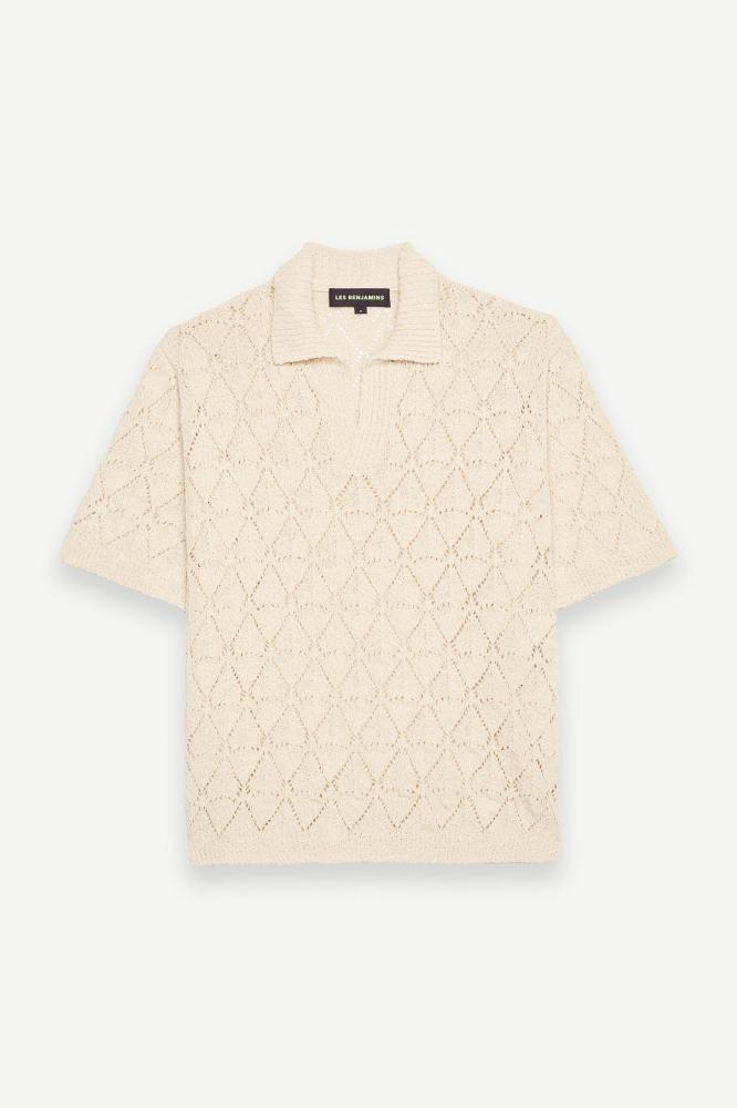 بلوفر رجالي بيج تريكو بأكمام قصيرة وقصة V