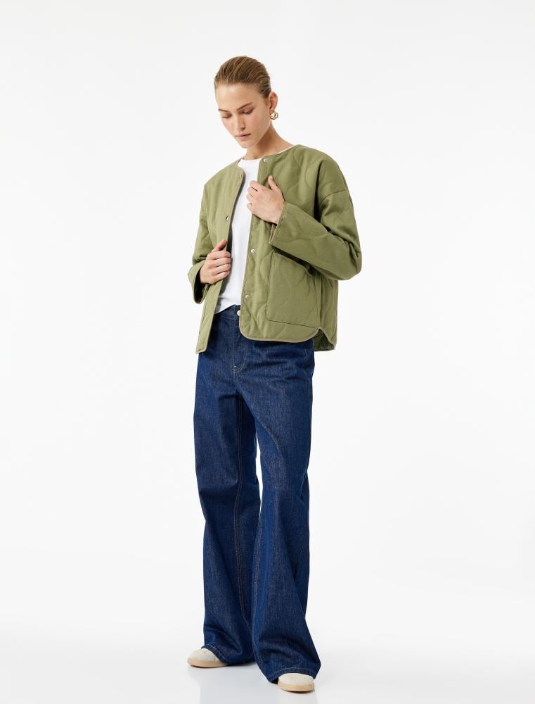 سترة نسائية مبطنة كاكي بأكمام طويلة وتفاصيل جيب أنيقة Koton تركي أصلي