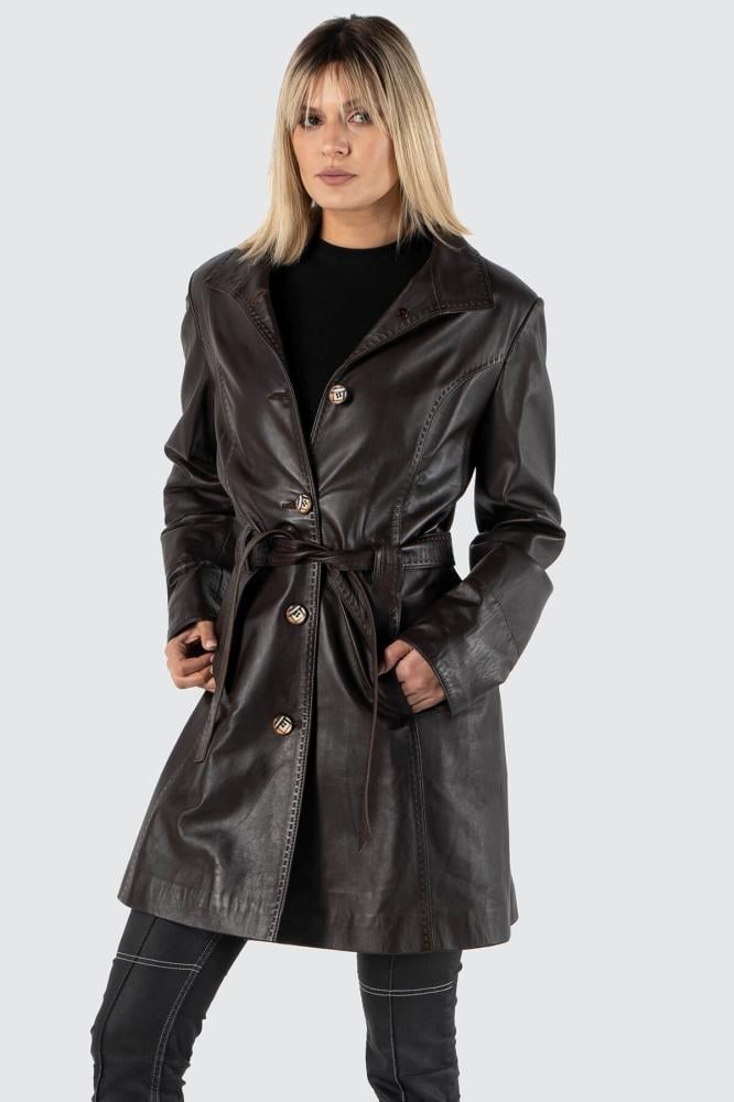 معطف للنساء من الجلد الطبيعي باللون البني من DERIZA