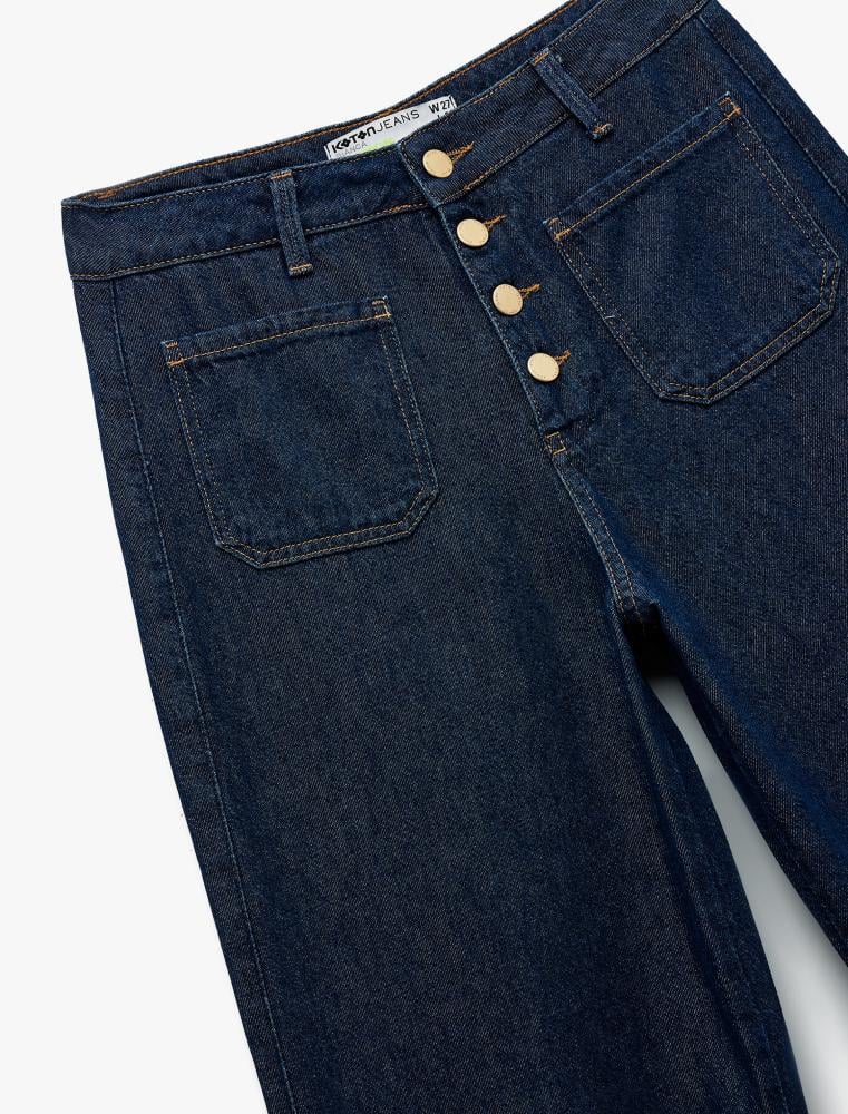 بنطال جينز نسائي نيلي غامق واسع الساق بخصر عالي Koton تركي أصلي