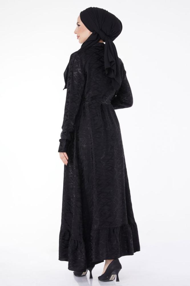 فستان سهرة نسائي بياقة قميص ومزين بحجر أسود