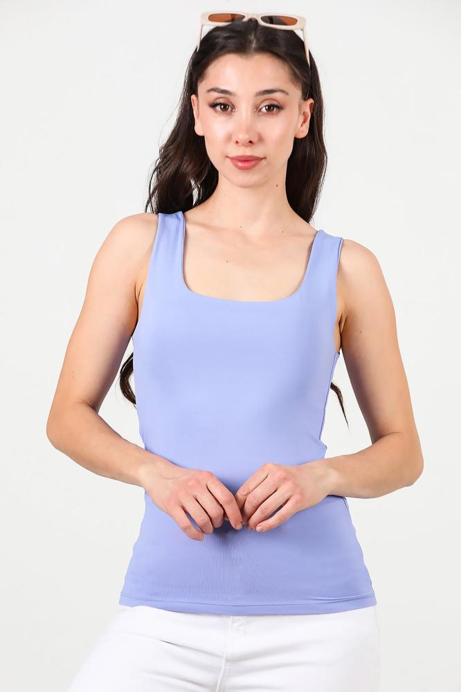 بلوزة نسائية زرقاء بدون أكمام رقبة مربعة Patirti تركي أصلي