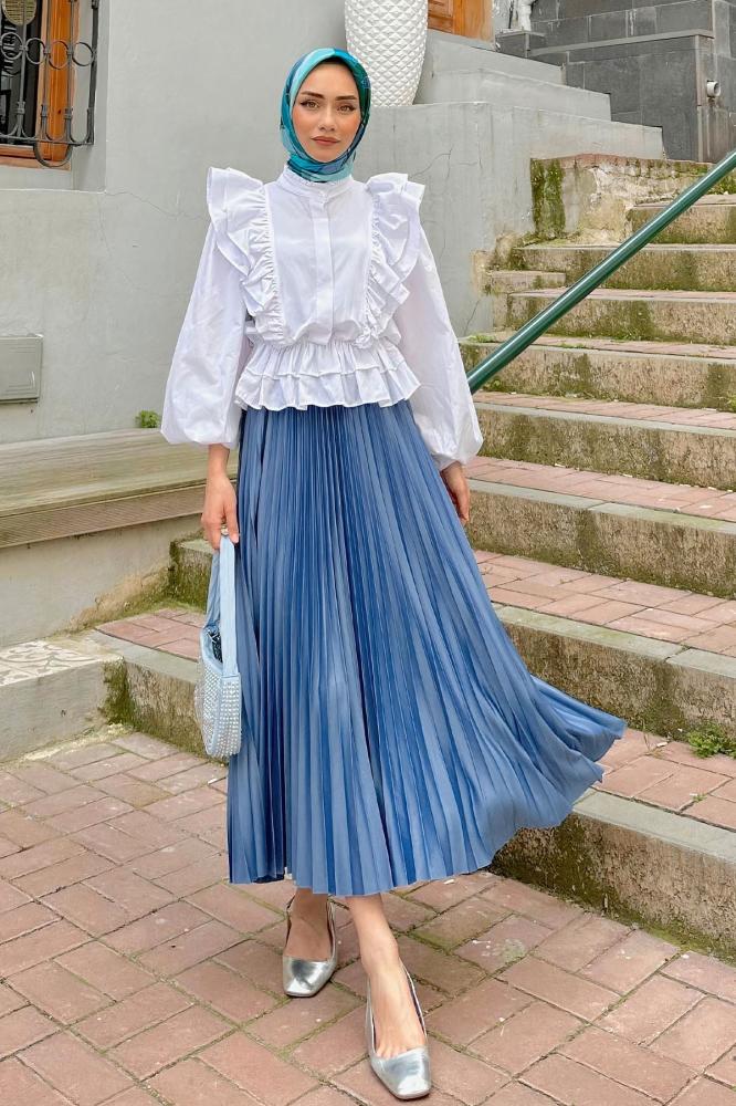 تنورة مطوية نيلي مريحة Zafoni تركي أصلي