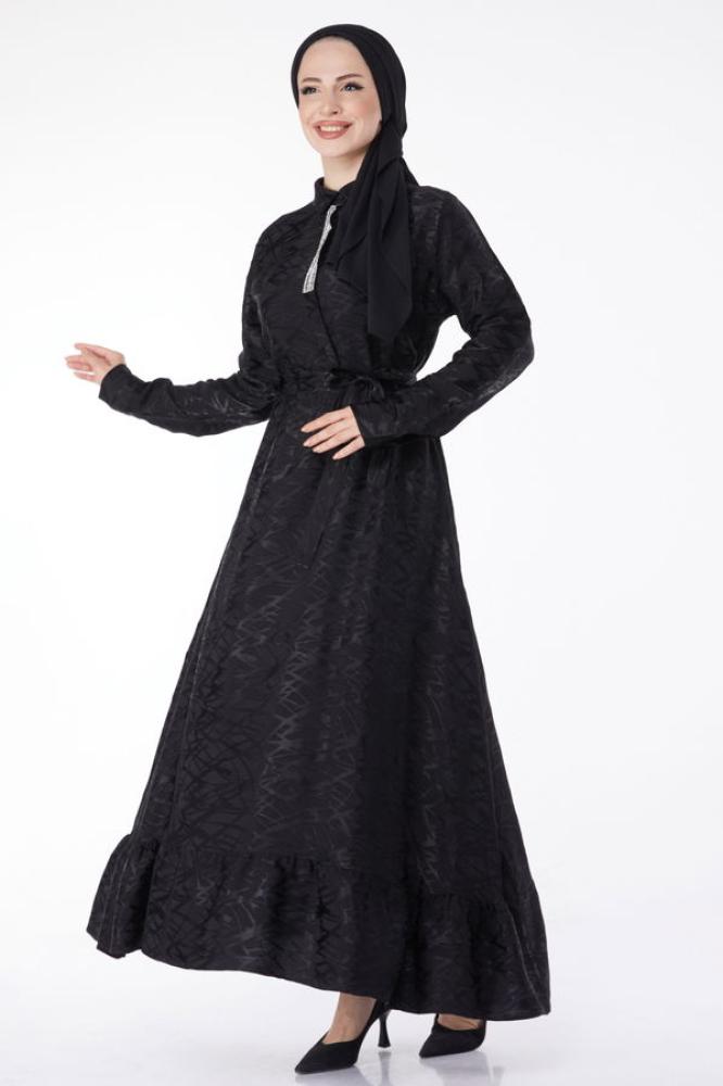 فستان سهرة نسائي بياقة قميص ومزين بحجر أسود