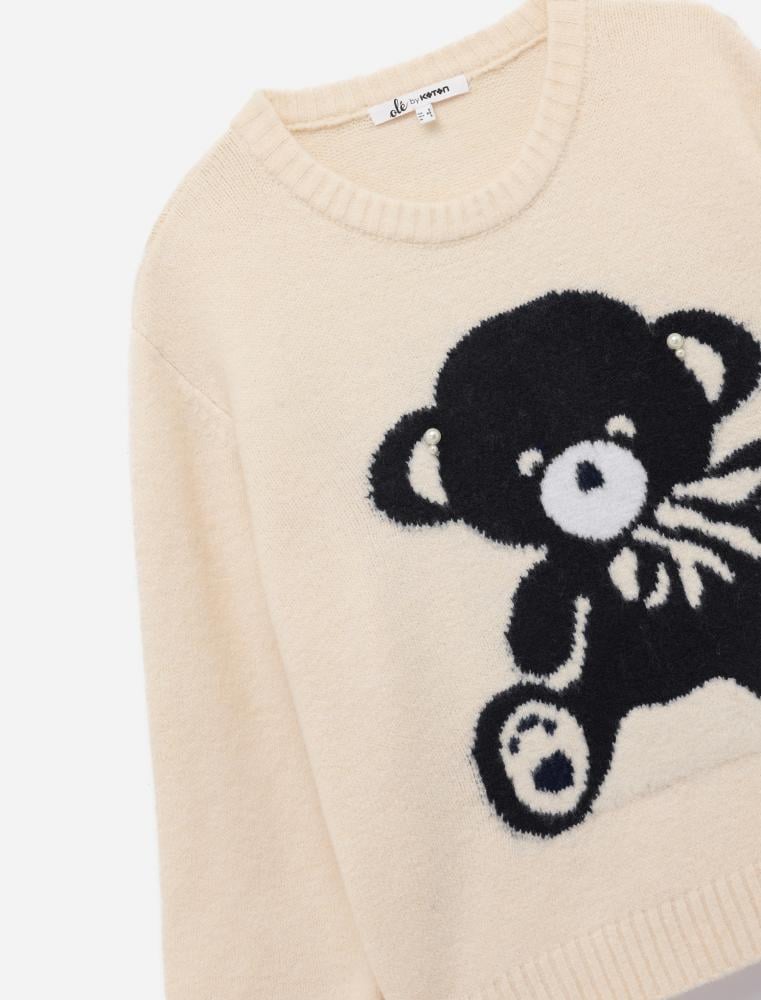 سترة محبوكة بيج أكريليك برقبة مطرزة دب Koton تركي أصلي