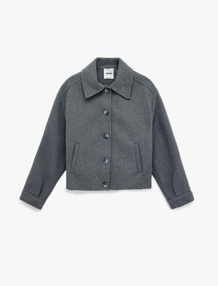 سترة نسائية رمادية قصيرة بتصميم مزدوج الصدر Koton تركي أصلي