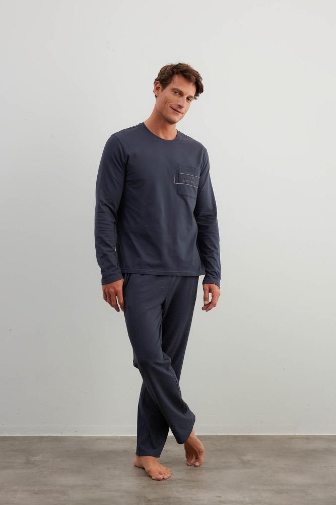 طقم بيجامة رجالي من القطن بأكمام طويلة وجيب