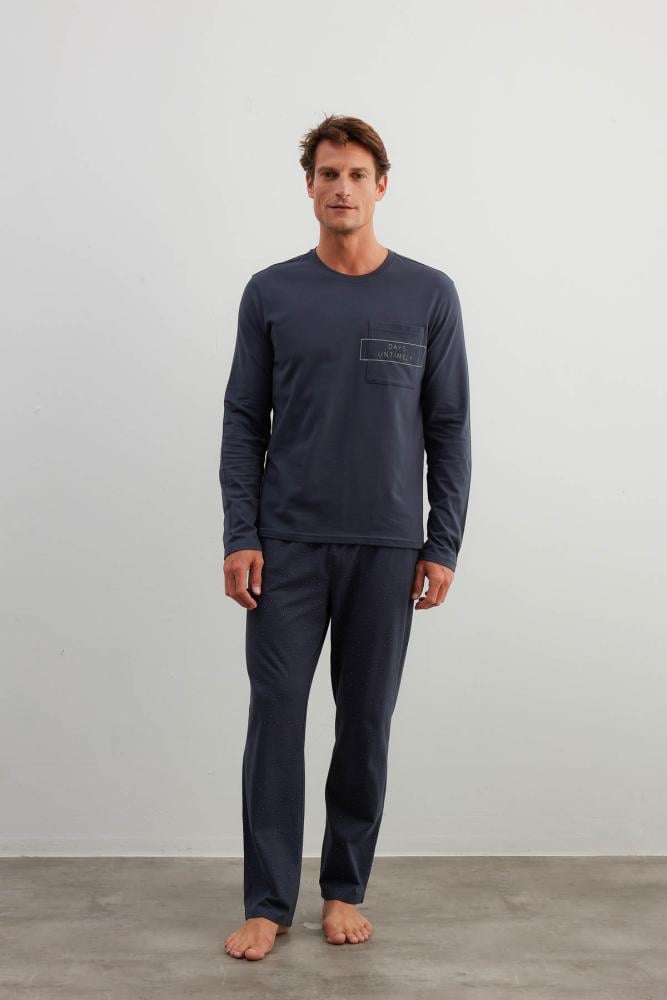 طقم بيجامة رجالي من القطن بأكمام طويلة وجيب