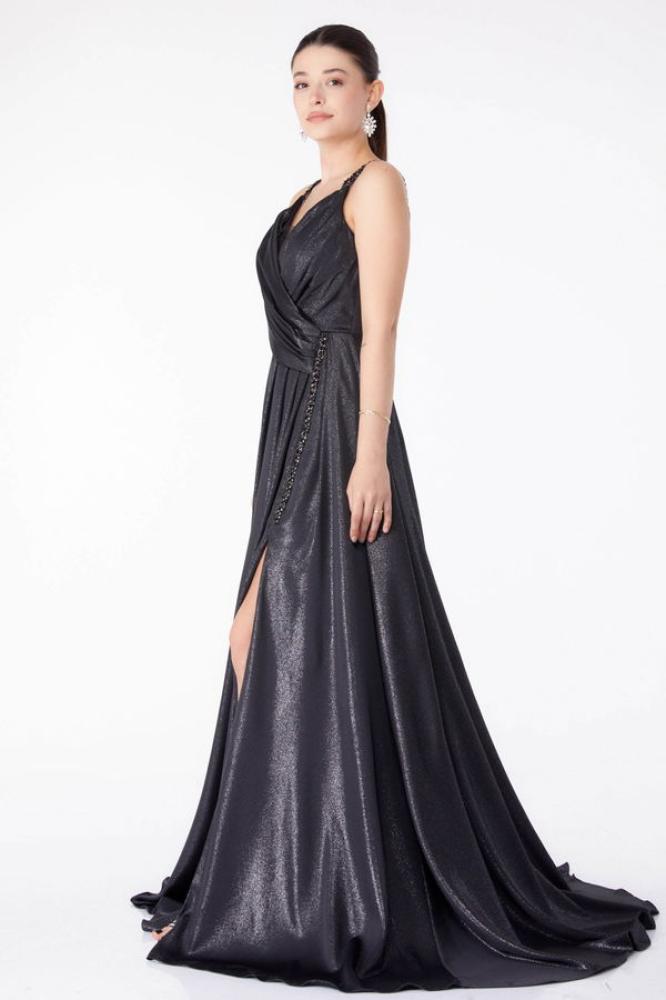 فستان سهرة نسائي مزدوجة الصدر  أسود فضي  بدون أكمام