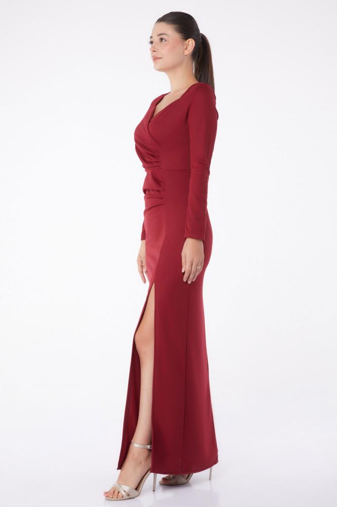 فستان سهرة بورجوندي بياقة مزدوجة الصدر للنساء