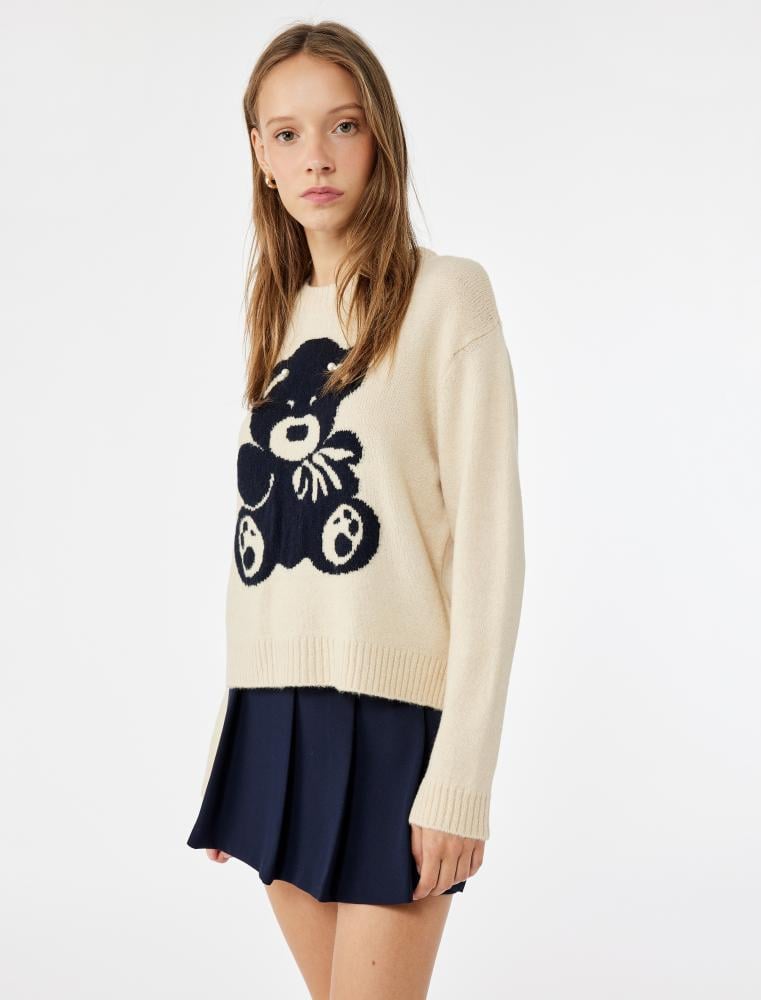 سترة محبوكة بيج أكريليك برقبة مطرزة دب Koton تركي أصلي