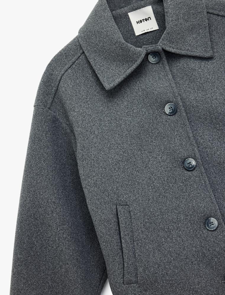 سترة نسائية رمادية قصيرة بتصميم مزدوج الصدر Koton تركي أصلي