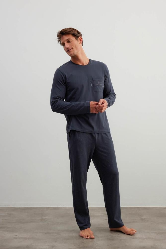 طقم بيجامة رجالي من القطن بأكمام طويلة وجيب