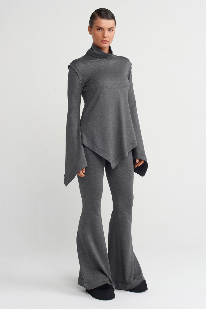 بلوزة رمادية داكنة نسائية غير متماثلة NU تركي أصلي بأكمام طويلة