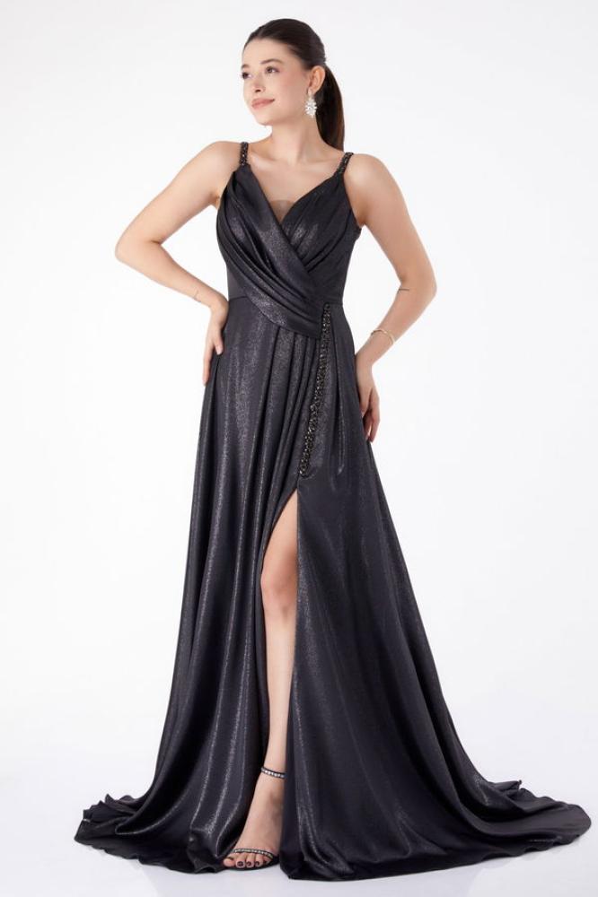 فستان سهرة نسائي مزدوجة الصدر  أسود فضي  بدون أكمام