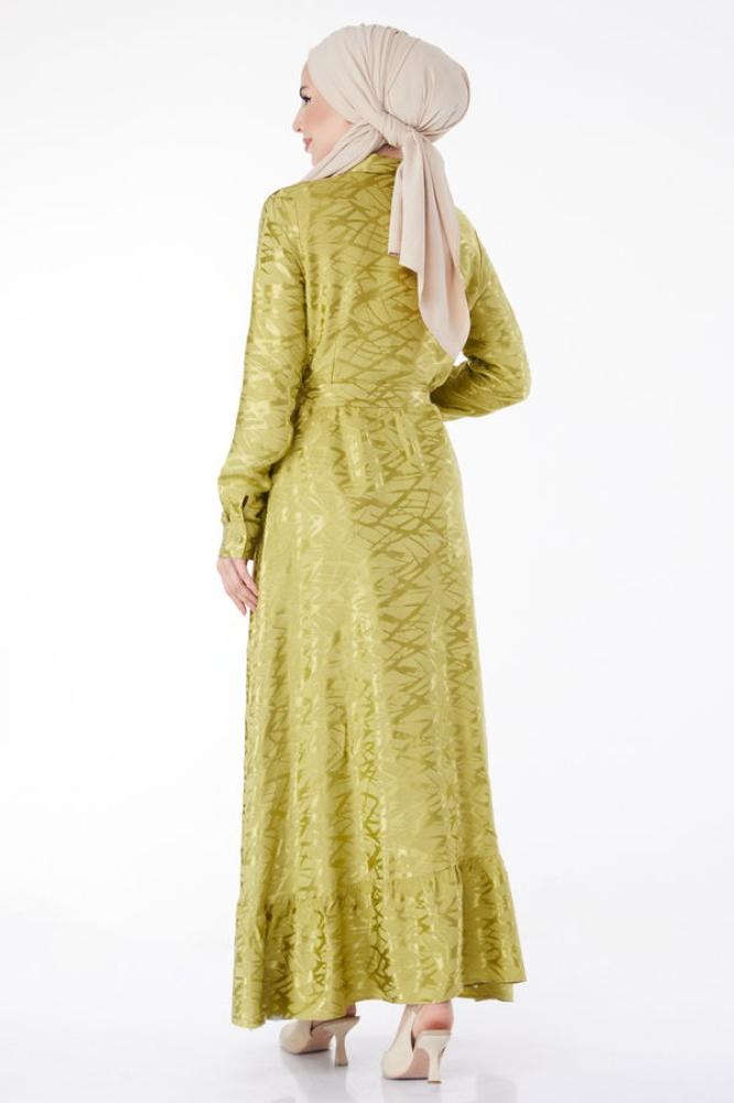 فستان سهرة نسائي بياقة قميص ومزين بحجر أخضر زيتي