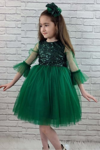 فستان بناتي من التول مزين بالترتر أخضر من Mnk