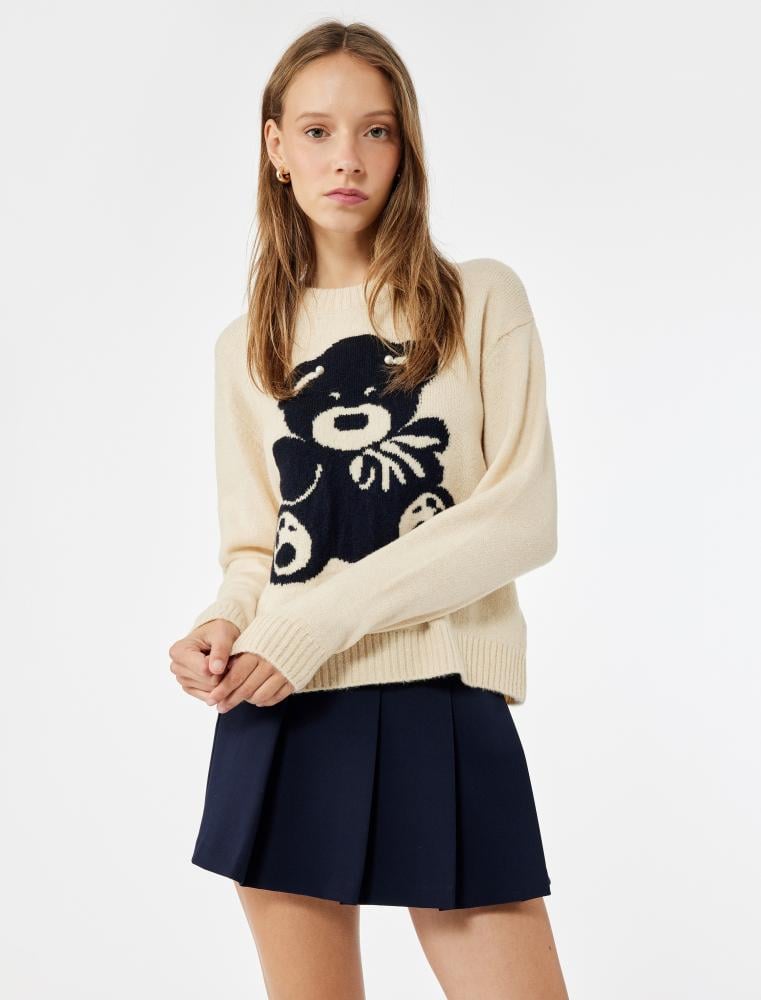 سترة محبوكة بيج أكريليك برقبة مطرزة دب Koton تركي أصلي