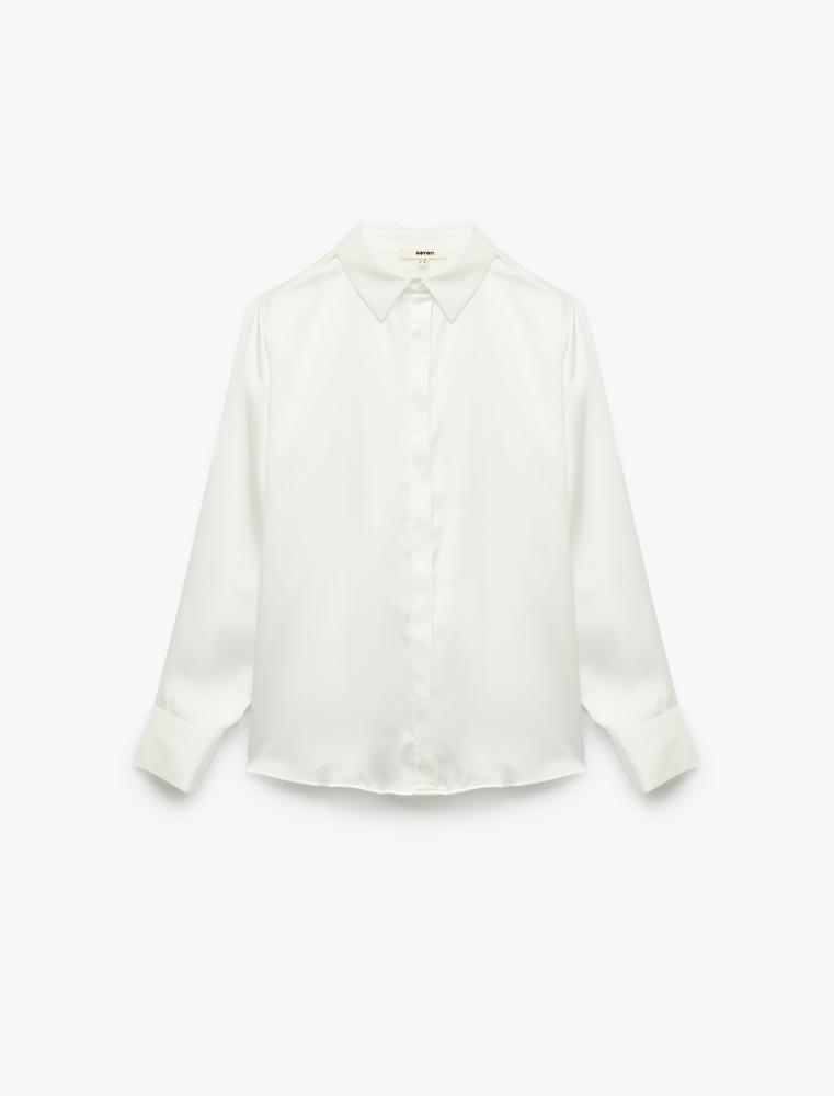 قميص نسائي أبيض ساتان ناعم بلمعة فخمة وياقة رسمية Koton تركي أصلي