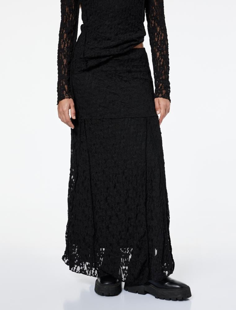 تنورة دانتيل سوداء متوسطة الطول بتفاصيل درزات راقية Koton تركي أصلي