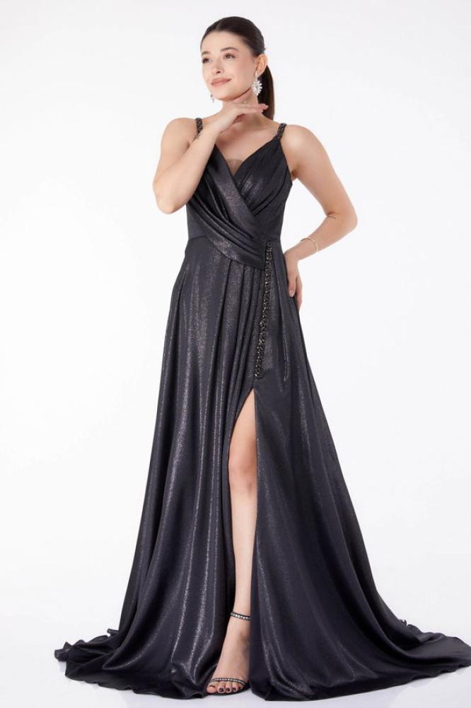 فستان سهرة نسائي مزدوجة الصدر  أسود فضي  بدون أكمام