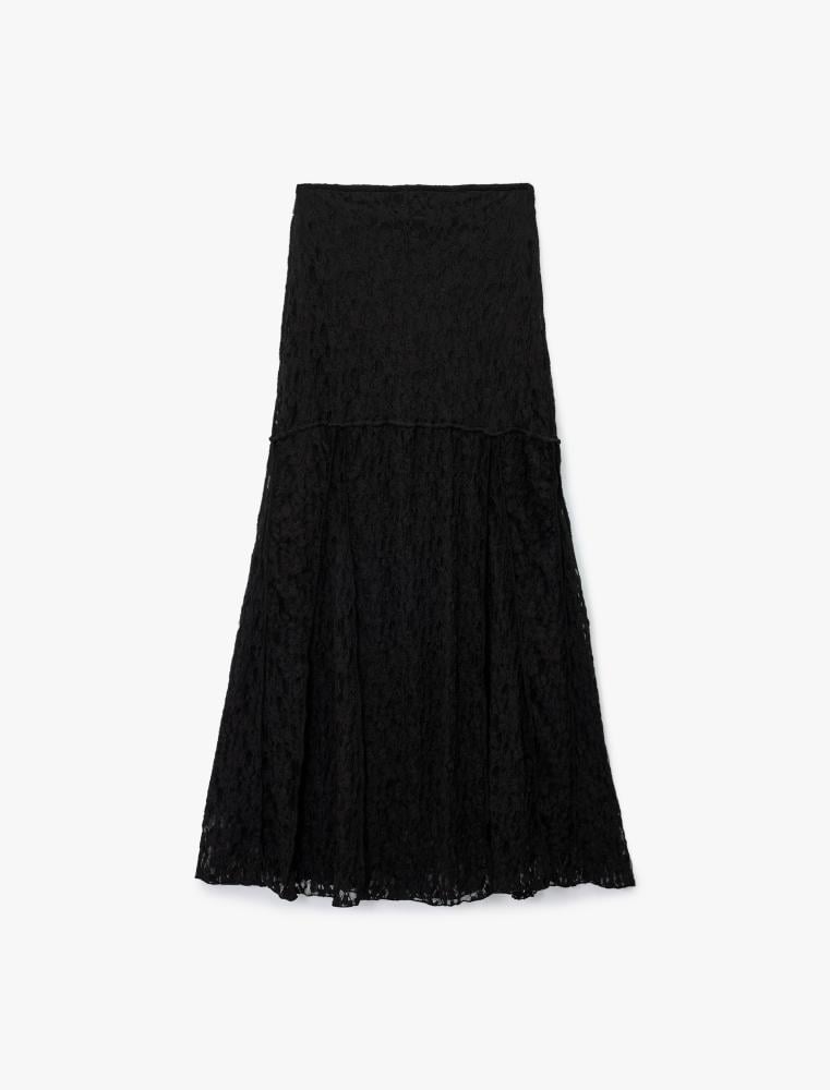 تنورة دانتيل سوداء متوسطة الطول بتفاصيل درزات راقية Koton تركي أصلي