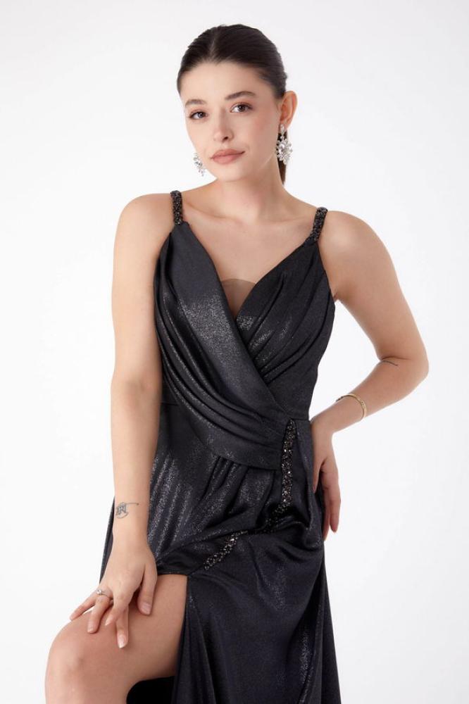 فستان سهرة نسائي مزدوجة الصدر  أسود فضي  بدون أكمام