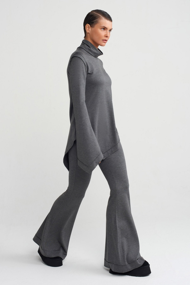 بلوزة رمادية داكنة نسائية غير متماثلة NU تركي أصلي بأكمام طويلة