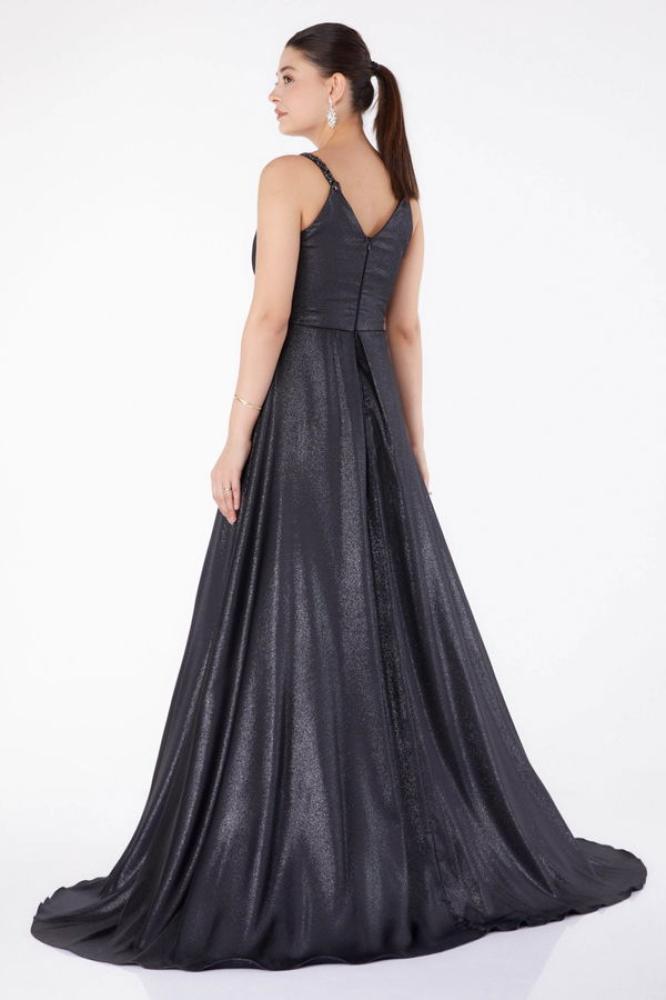 فستان سهرة نسائي مزدوجة الصدر  أسود فضي  بدون أكمام