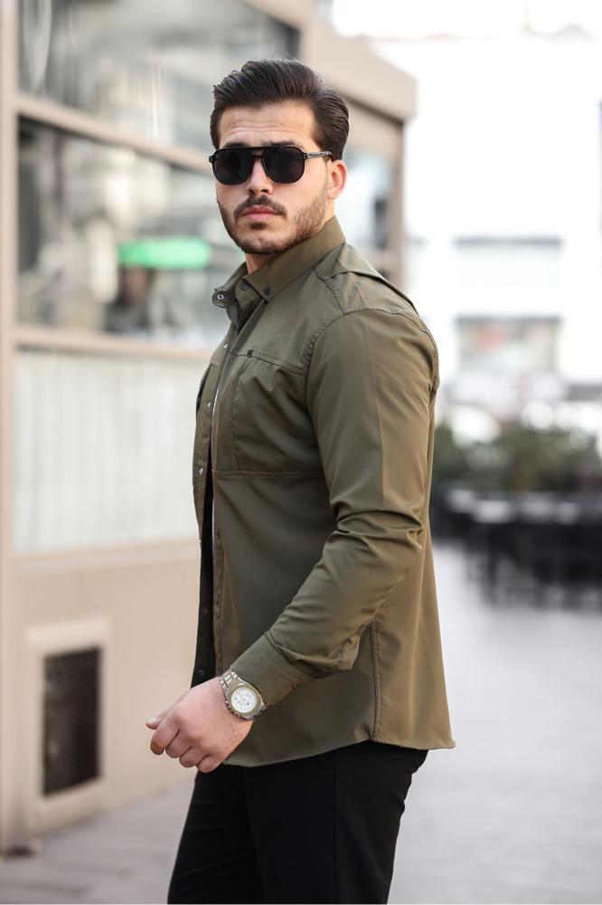 قميص رجالي أخضر بجيوب مخفية Zafoni تركي أصلي