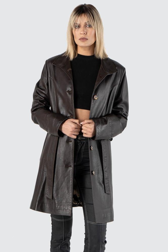 معطف للنساء من الجلد الطبيعي باللون البني من DERIZA