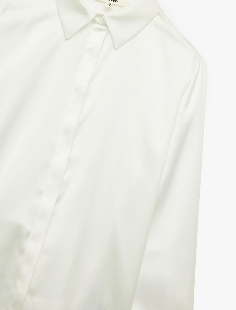 قميص نسائي أبيض ساتان ناعم بلمعة فخمة وياقة رسمية Koton تركي أصلي