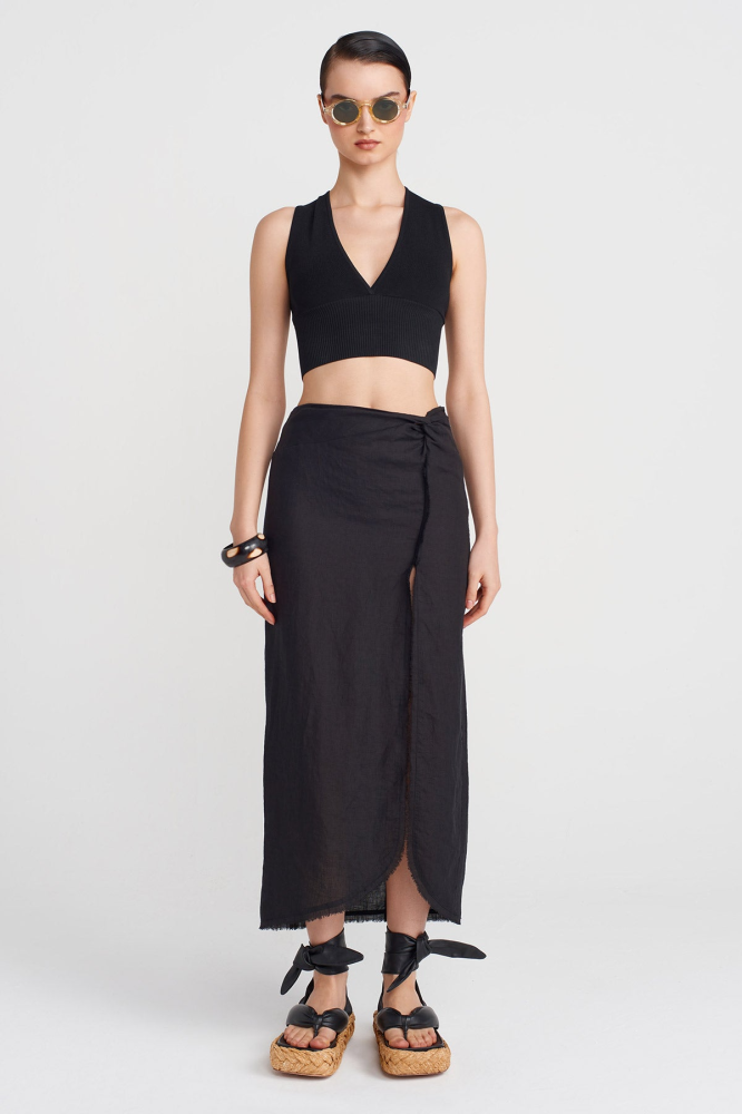 تنورة كتان سوداء بفتحة ROMAN تركي أصلي صيفية أنيقة