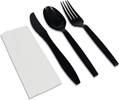 Black Plastic Cutlery Set with Napkin - Knife Fork...