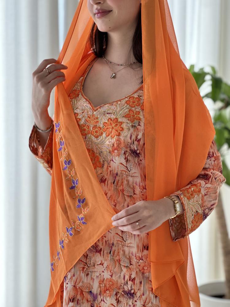 مخور تسواهن حرير بتطريز برتقالي وذهبي