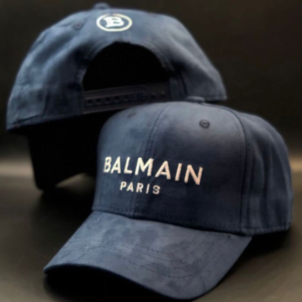 Balmain blue velvet cap with white embroidery