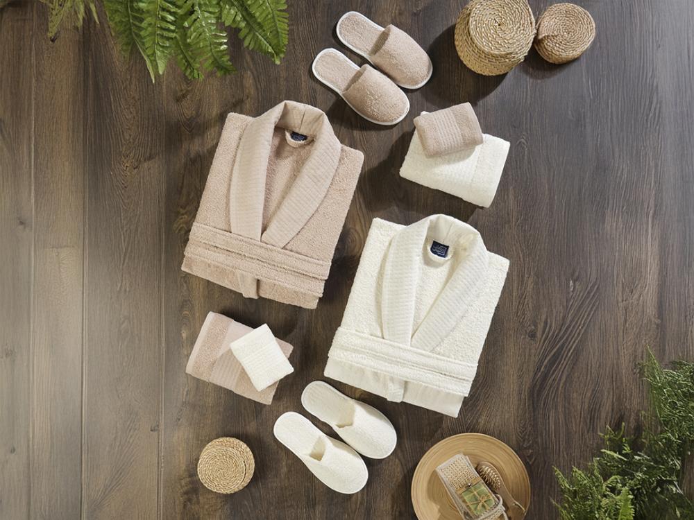 طقم روب استحمام 10 قطع من القطن - كريمي و بيج - قياسي